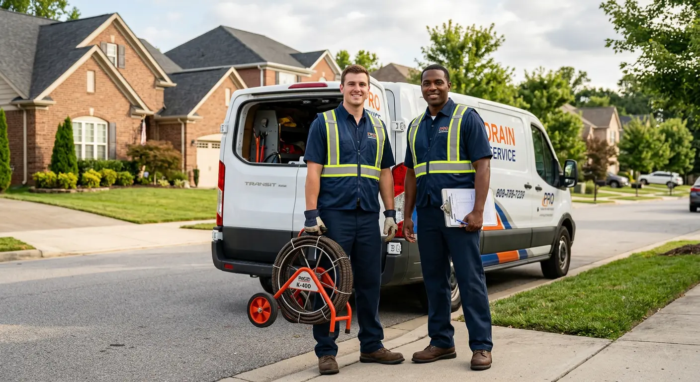 Sewer and drain service team with equipment ready for work in Orange City