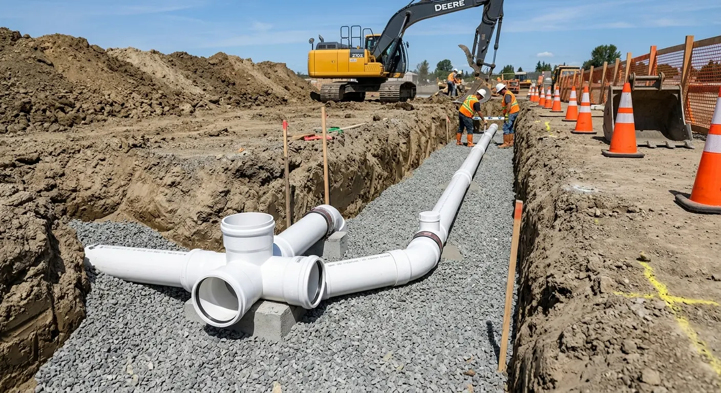 New PVC sewer pipe installation in open trench for Sewer Backup in Orange City