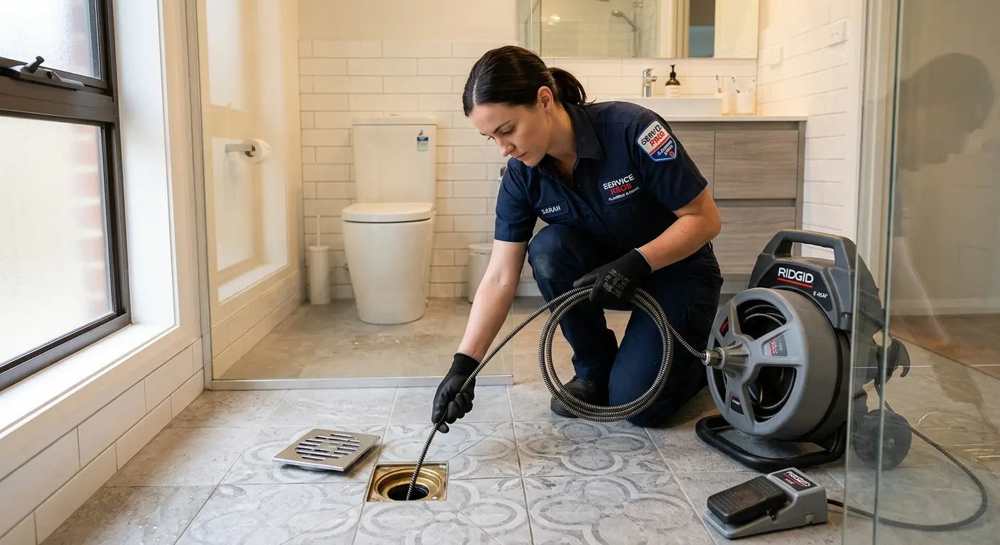 Technician clearing a bathroom floor drain for Clogged Drain Repair in Orange City